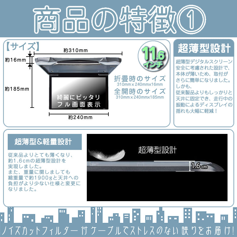 11.6インチ フリップダウンモニター 12V車 対応 外部 液晶 モニター 当店だけのノイズ対策済 家族 子供 同乗者向け mtk012