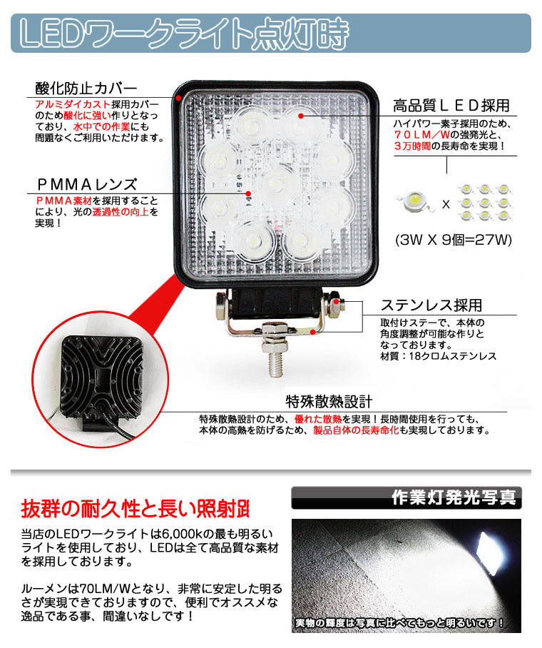 LED作業灯 LEDワークライト LEDライト 27W 角型 ハイパワー 高出力 広角タイプ 省エネ 12V/24V wl-104