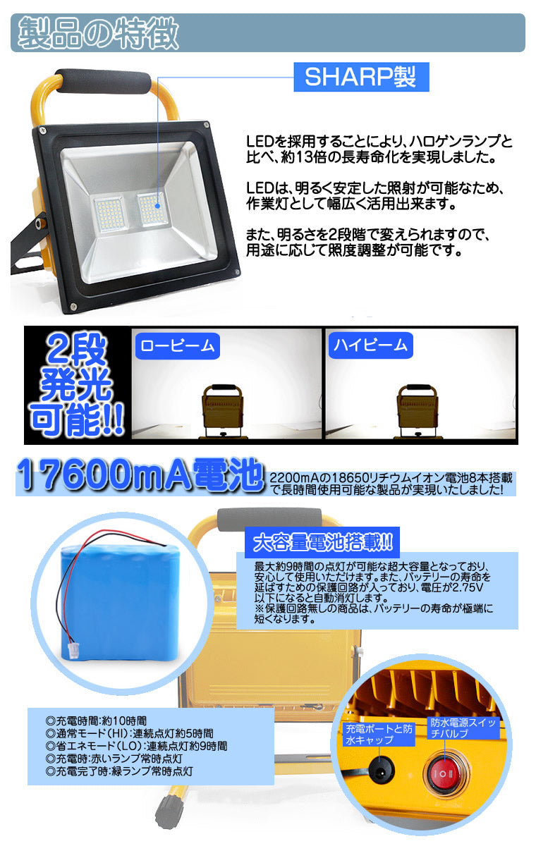 LED投光器 充電式 LEDライト 84W 7200LM(840W相当) ハイパワー サーチライト ポータブル 省エネ kct-084