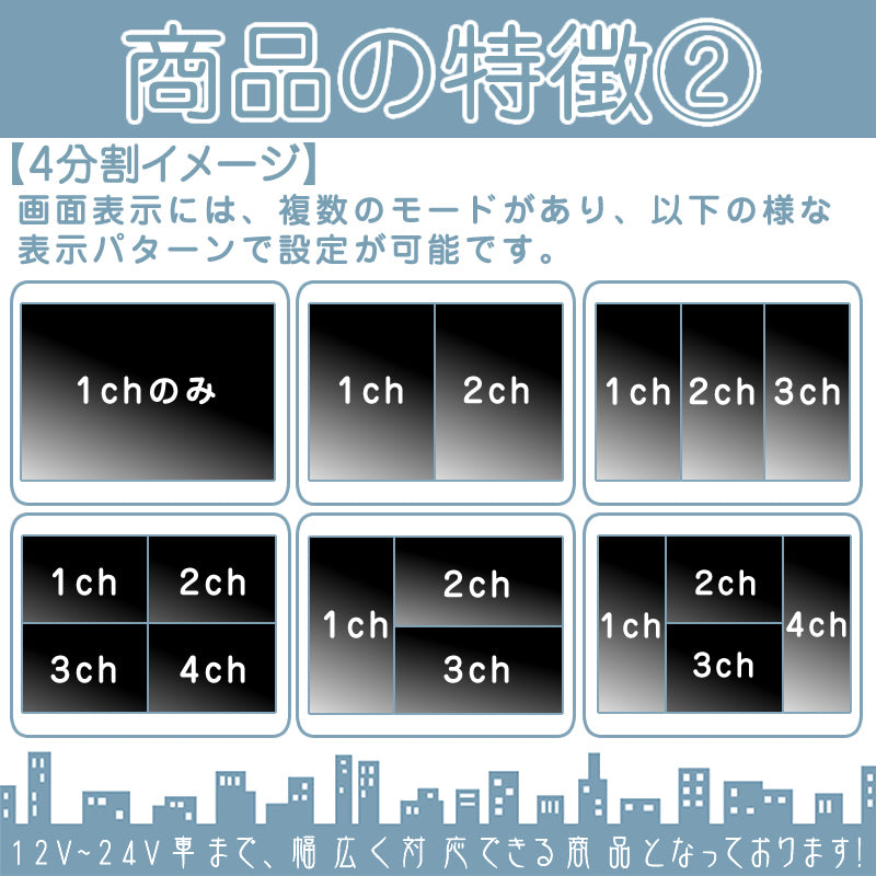 7インチ 4分割 オンダッシュモニター バックカメラ セット 赤外線LED搭載 ノイズ対策済 4ピンケーブル 24V車 大型車 トラック等に mcs017