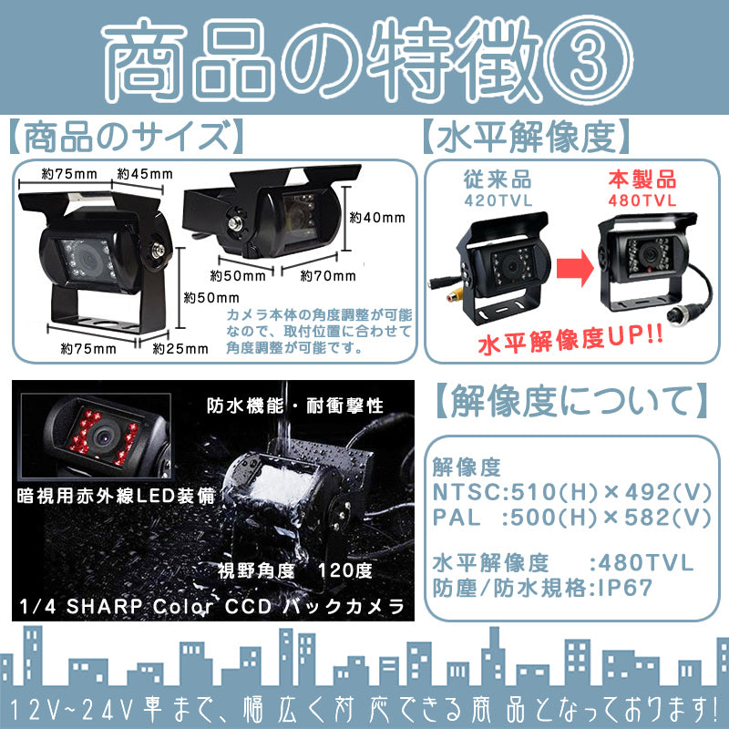 7インチ 4分割 オンダッシュモニター バックカメラ セット 赤外線LED搭載 ノイズ対策済 4ピンケーブル 24V車 大型車 トラック等に mcs017