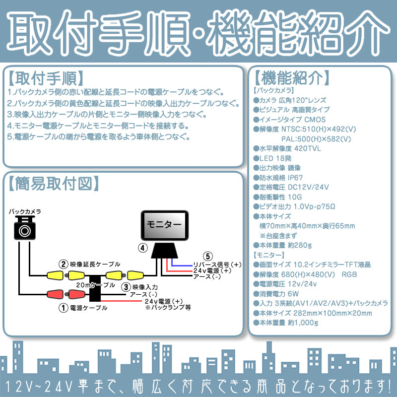 10.2インチ ミラーモニター バックカメラ セット 赤外線LED搭載 安心の暗視カメラ 24V車 大型車 トラック等に mcs201