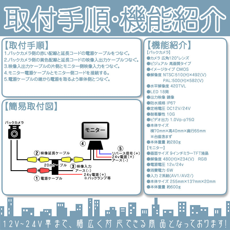 9インチ ミラーモニター バックカメラ セット 赤外線LED搭載 安心の暗視カメラ 24V車 大型車 トラック等に mcs203