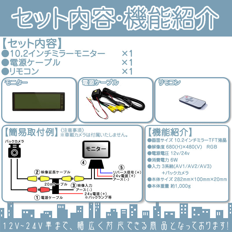 10.2インチ ミラーモニター 外部モニター 12V車 24V車 対応 乗用車 ファミリーカー 大型車 トラック等に mtk001
