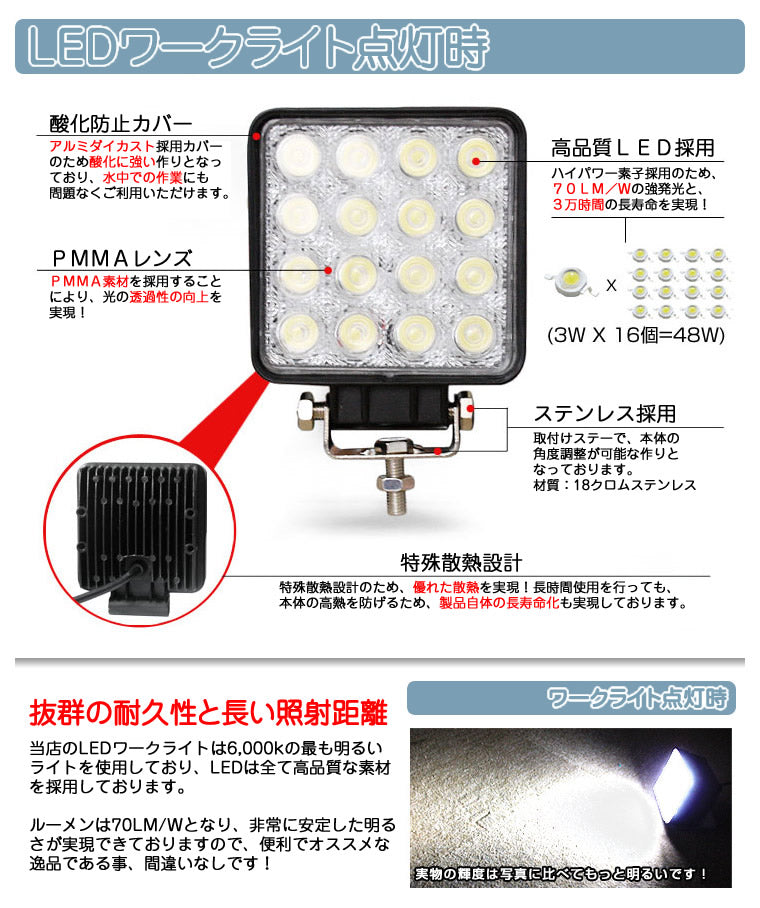 LED作業灯 LEDワークライト LEDライト 48W 角型 ハイパワー 高出力 狭角タイプ 省エネ 12V/24V wl-102