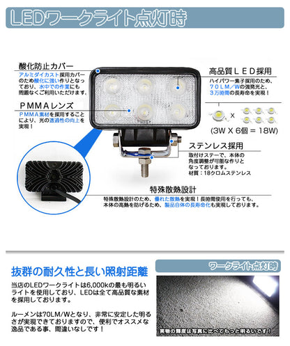 LED作業灯 LEDワークライト LEDライト 18W 角型 ハイパワー 高出力 広角タイプ 省エネ 12V/24V wl-107