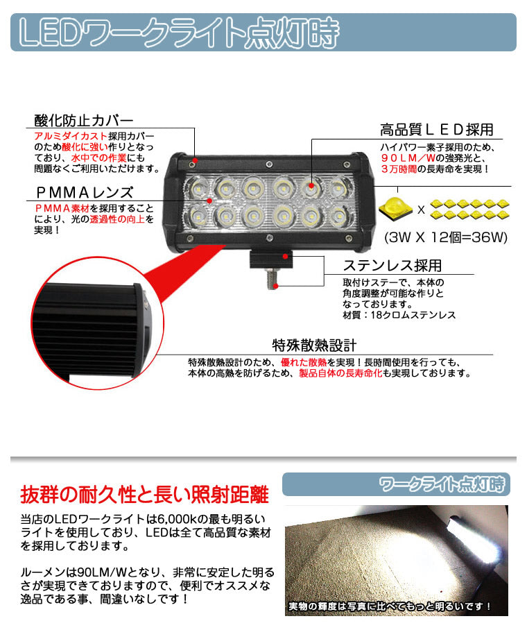 LED作業灯 LEDワークライト LEDライト 36W BAR型 ハイパワー 高出力 拡散タイプ 省エネ 12V/24V wl-206