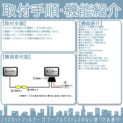 11.1インチ ヘッドレストモニター DVD内蔵 12V車 対応 外部 液晶 モニター 当店だけのノイズ対策済 家族 子供 同乗者向け mtk018