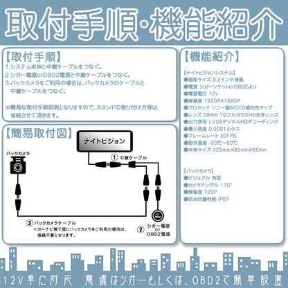 ナイトビジョンシステム Lanmodo 8.2インチ バックカメラ セット 12V車 対応 1080P フルHD 液晶搭載 nvs001